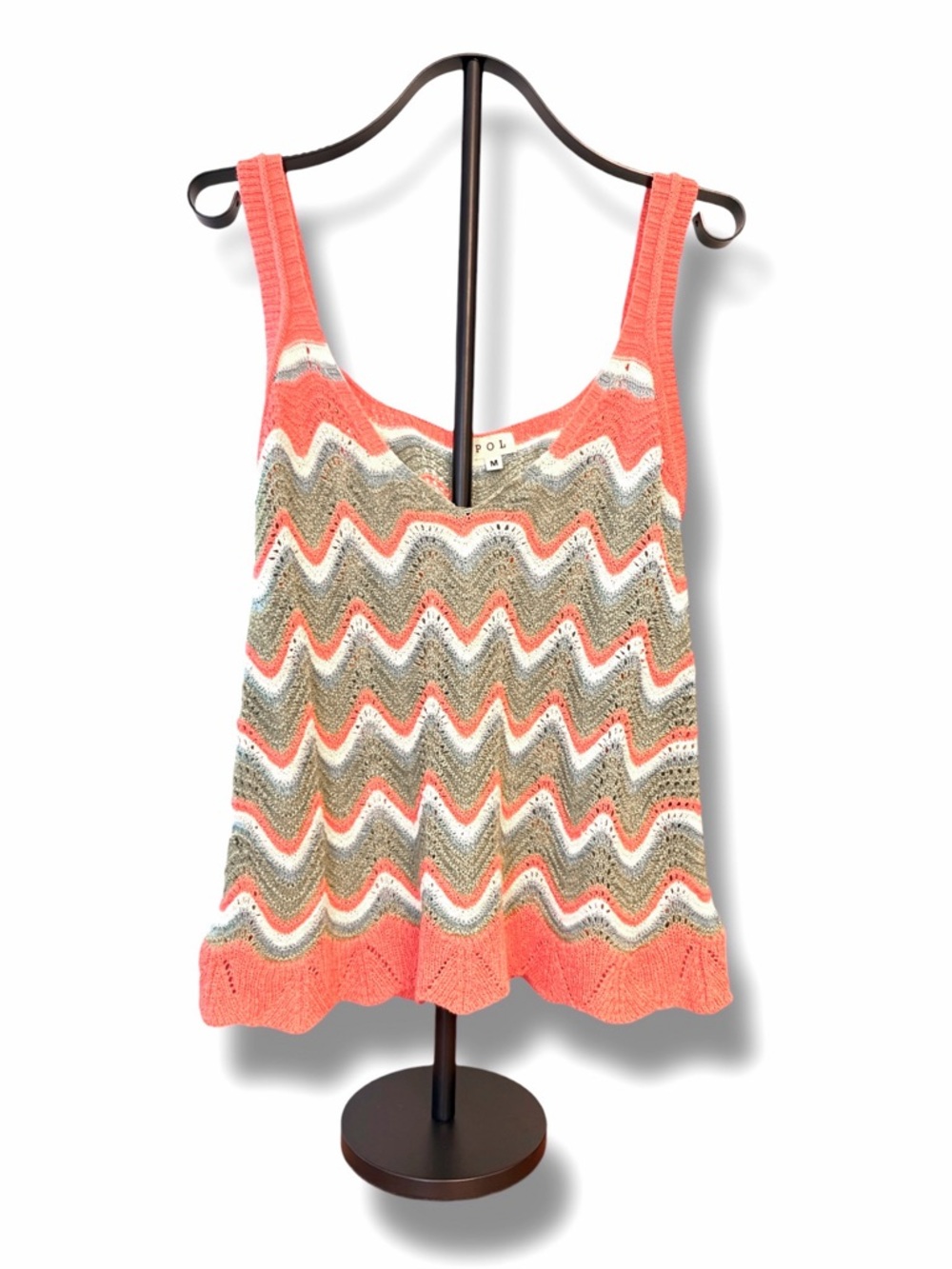 POL Crochet Chevron Knit Tank Top Medium Coral Boho Chic Coastal Grandma